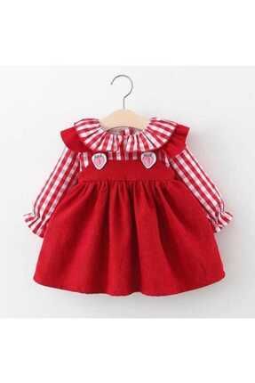 Kız Çocuk Çilek Figürlü Kırmızı Pötikare Elbise