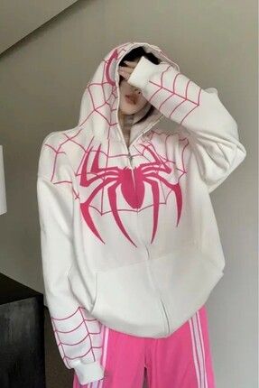 Beyaz Y2k Streetwear Spiderman Web Oversize Fermuarlı Unisex Kapüşonlu Hırka