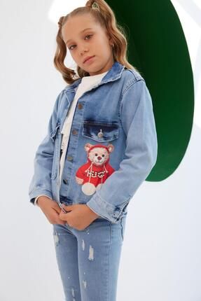 Kız Çocuk Ayıcıklı Düğmeli Dar Kalıp Jean Ceket