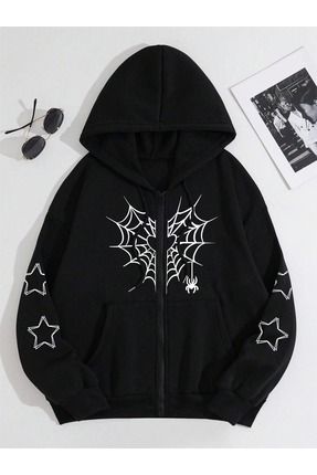 Yıldız Örümcek Ağ Sweatshirt Fermuarlı Hırka - Siyah Baskılı Oversize Cepli Kışlık Kapüşonlu