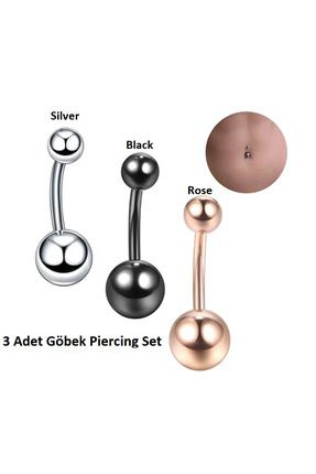 Öteberi 316l Cerrahi Çelik Antiallerjik Göbek Piercing Toplu Silver, Black, Rose 3 Adet Set