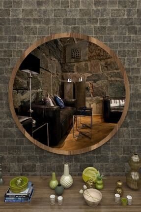 Ceviz Ahşap Dekoratif Yuvarlak Antre Hol Koridor Duvar Salon Mutfak Banyo Wc Ofis Aynası 60 Cm