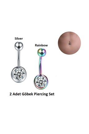 Öteberi 316l Cerrahi Çelik Antiallerjik Göbek Piercing Toplu Zirkon Taşlı Silver, Rainbow 2 Adet Set