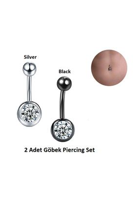 Öteberi 316l Cerrahi Çelik Antiallerjik Göbek Piercing Toplu Zirkon Taşlı Silver, Black 2 Adet Set