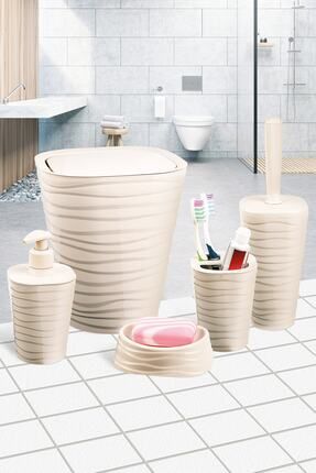 Pandora Banyo Seti 5'li-bej 5 Parça Çöp Kovası Tuvalet Fırçası 2 Sabunluk Diş Fırçalık