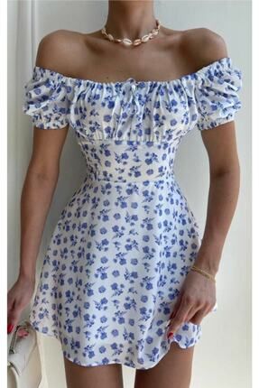 Yakası Bağlamalı Mavi Çiçekli Beyaz Elbise