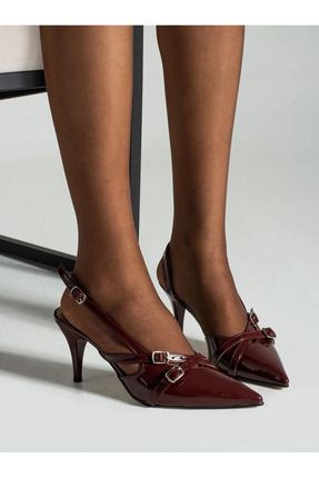 Margo Sivri Burun İki Bantlı Tokalı Modern Topuklu Bordo Rugan Kadın klasik topuklu Ayakkabı