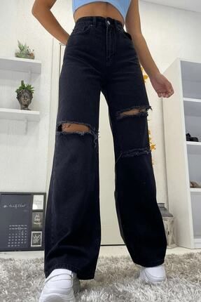 Ekstra Yüksek Solmaz Siyah Yırtıklı Palazzo Jeans Siyah Dizi Yırtık Likralı Kot Pantolon