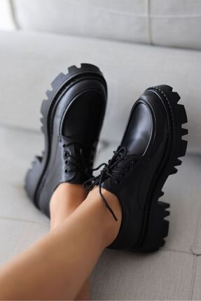Kadın Kalın Taban Loafer Makosen Ayakkabı Siyah Valentino Model Günlük Ayakkabı Klasik Ayakkabı