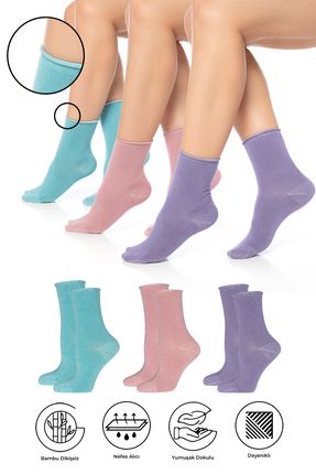 Bambu Kadın Lastiksiz Pembe-Lila-Su Yeşili Soket Dikişsiz Premium Çorap 3'lü Paket / Sıkmayan Çorap