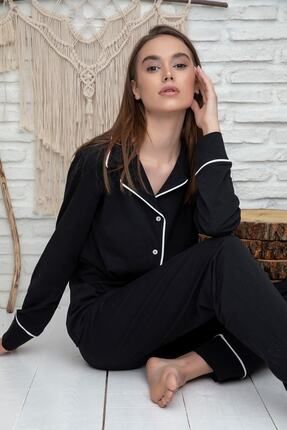Kadın Siyah Beyaz Biyeli Pamuklu Likralı Düğmeli Pijama Takımı
