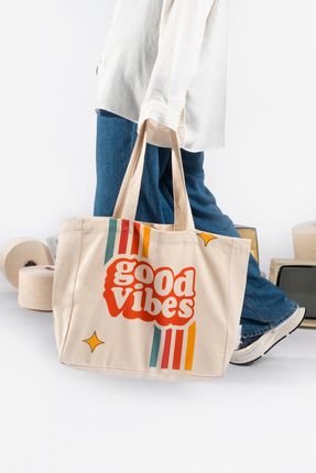 "good Vibes" Canvas Tote Omuz Ve Plaj Çantası