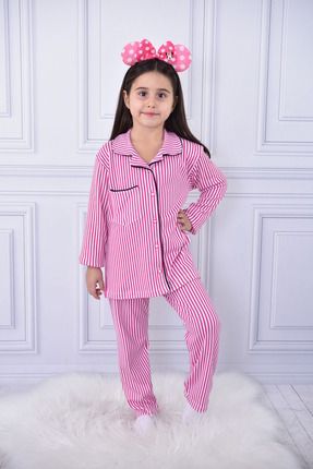 Çocuk Önden Düğmeli Pijama Çizgili %100 Pamuklu İnterlok Kumaş