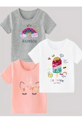 Kız Çocuk 3'lü Paket Rainbow Baskılı T-Shirt