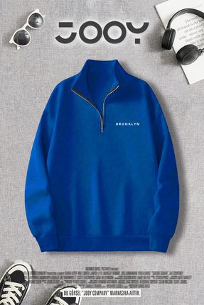 Yarım Fermuarlı Brooklyn Baskılı Saks Mavi Sweatshirt