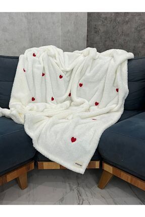 Welsoft Kalp Nakışlı Tv Battaniyesi, 150x180 Yumuşak Koltuk Şalı, Beyaz Tv Battaniyesi