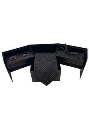 Mikro Desen Siyah Kravat Mendil Kol Düğmesi Set