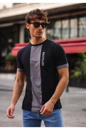 Siyah Baskılı Slim Fit Erkek Tişört %100 Pamuk Bisiklet Yaka T-shirt