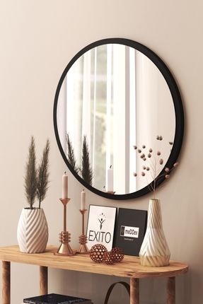 Wesna Dekoratif Yuvarlak Antre Hol Koridor Duvar Salon Mutfak Banyo Wc Ofis Aynası 46 Cm Siyah