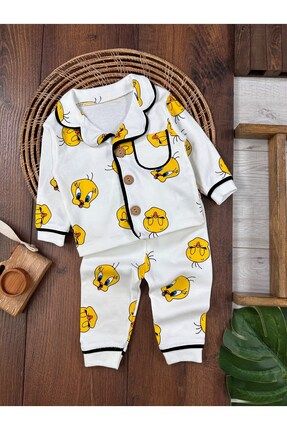 %100 Pamuk Kruvaze Yaka Önden Düğmeli Rahat Kalıp Unisex Mevsimlik Bebek Pijama Takımı
