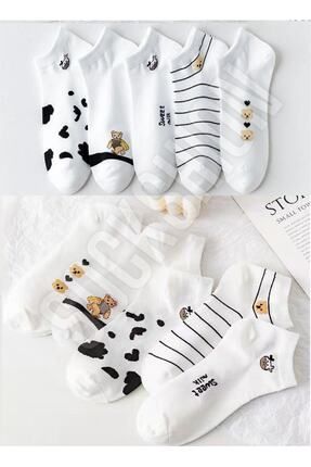 5 Çift Panda ve İnek Desenli Beyaz Kadın Patik Çorap Seti
