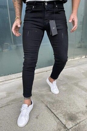 Erkek Siyah Slim Fit Likralı Lazerli Kot Pantolon