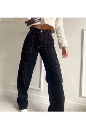 Kız Çocuk Siyah Ters Dikiş Detaylı Denim Kargo Pantolon Kot Jean