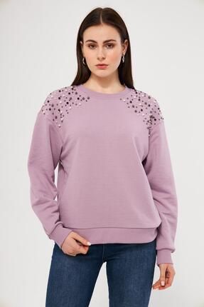 Kadın Rahat Kalıp Omuzları İnci Düğme Detaylı Sweatshirt