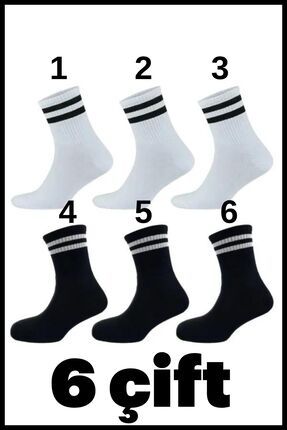 Ünisex 6 Lı Tenis Kolej Çorabı 3 Siyah Ve 3 Beyaz