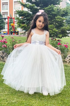 Kız Çocuk Uzun Abiye Elbise Beyaz Gelinlik Düğün Kıyafeti