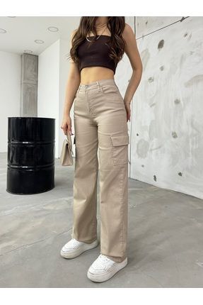 BİKELİFE Kadın Bej Yüksek Bel Geniş Paça Kargo Pantolon Fiyatı