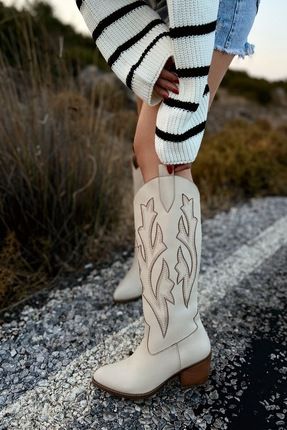Fire Nakışlı Uzun Diz Altı Western Kadın Kovboy Çizme