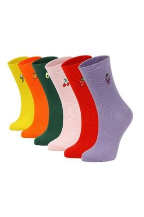 Meyve Nakışlı 6'lı Renkli Kadın Çorabı