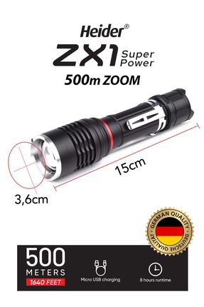 Zx1 (YENİ) 10 Watt 500m Mesafeli Super Power El Feneri- Usb Şarjlı- Xr-18650 Pro Pil Dahil