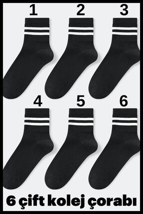 6 Lı Siyah Çorap Ünisex Kolej Tenis Spor Çizgili Çorap