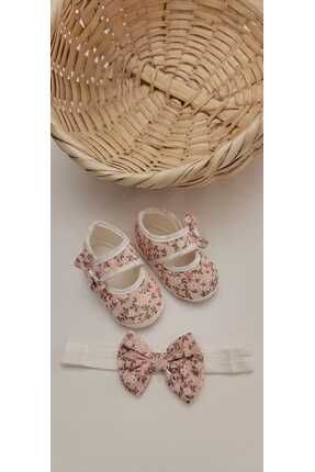 Pembe Çiçekli Bebek Patik Ve Bandana Seti , Çiçek Desenli Ayakkabı Bandana Set