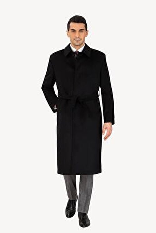 Erkek Siyah Regular Fit Yünlü Uzun Kuşaklı Palto Şık Gece Gömlek Yaka Klasik