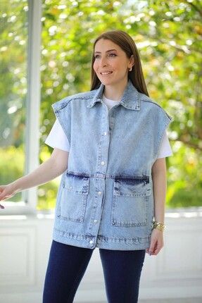 HARMONY GLOBAL Kadın 3 Iplik Kapüşonlu Çıtçıtlı Beli Lastikli Denim Yelek  11084