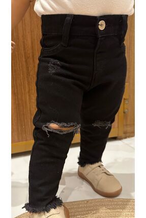 Çocuk Siyah Kot Denim Pantolon Yırtık ve Kesik Detaylı
