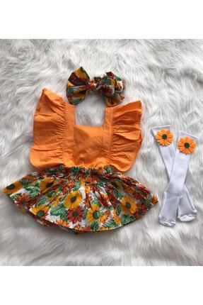 Kız Bebek Ayçiçeği Desen Turuncu Salopet Bandana Çorap Set