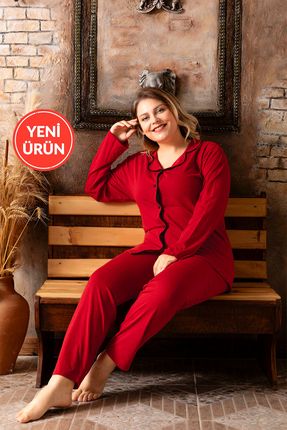 Ercan M-200-272 Kadın Pamuklu Biyeli Kırmızı Önü Düğmeli Uzun Kollıu Büyük Beden Battal Pijama Takım