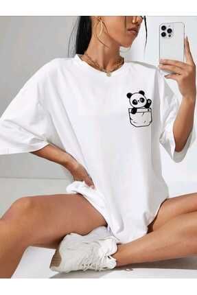 Kadın Cep Panda Baskılı Oversize Salaş T-shirt Ünisex Boyfirend