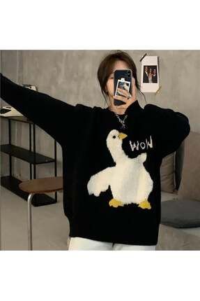 Harajuku Duck Wow Ördek Baskılı Oversize Bol Kalıp Unisex Siyah Kazak