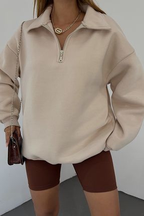 Kadın Krem Polo Yaka Oversize 3 Iplik Şardonlu Sweatshirt
