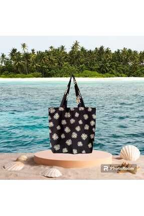 Papatya Çiçek Desenli günlük kullanıma uygun siyah Renk bez çanta