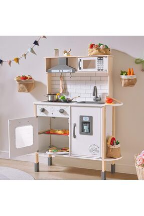 Çocuk Mutfağı Ahşap Oyuncak Seti, 18 Parça Gıda ve Tencere Aksesuarı, Gerçek Işıklar ve Seslerle