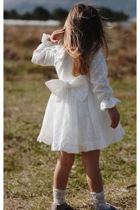 Beyaz Kız Çocuk Elbise Bebe Yaka Uzun Kollu Doğum Günü Düğün Elbisesi