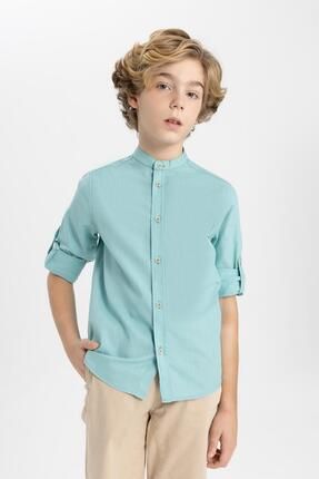 Erkek Çocuk Dik Yaka Keten Görünümlü Uzun Kollu Gömlek Z1035a624sm