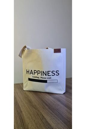 Baskılı Körüklü Kanvas Bez Çanta, Happines