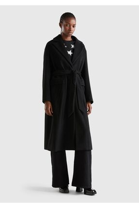 Kadın Siyah Yün Karışımlı Belden Bağlamalı Palto